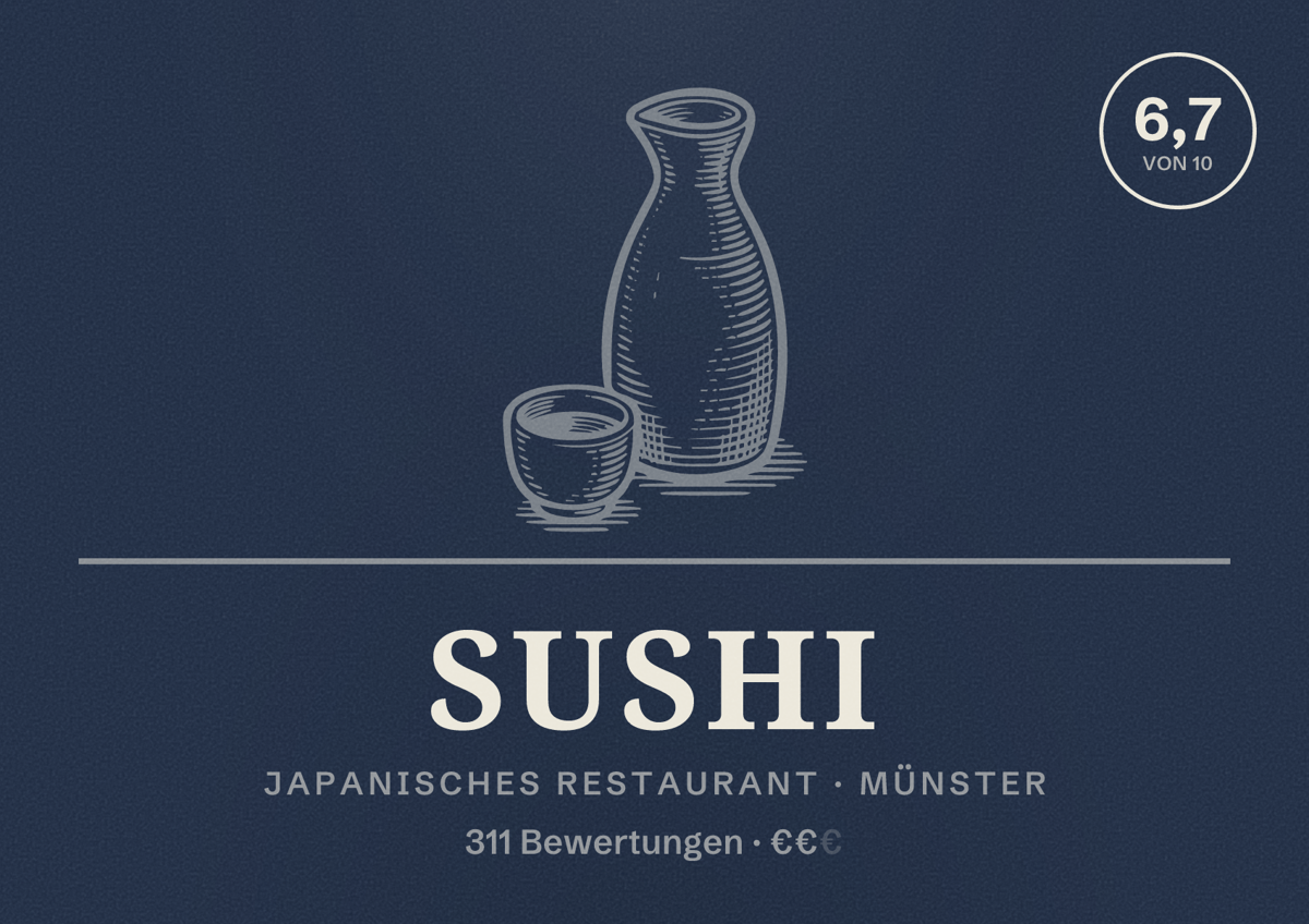 Illustriertes Poster von Sushi, Japanisches Restaurant in Münster: Bewertung 6,7 von 10 aus 311 Bewertungen, Preisniveau €€