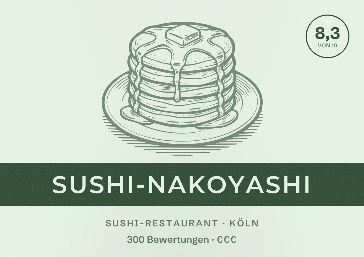 Illustriertes Poster von Sushi-Nakoyashi, Sushi-Restaurant in Köln: Bewertung 8,3 von 10 aus 300 Bewertungen, Preisniveau €€€