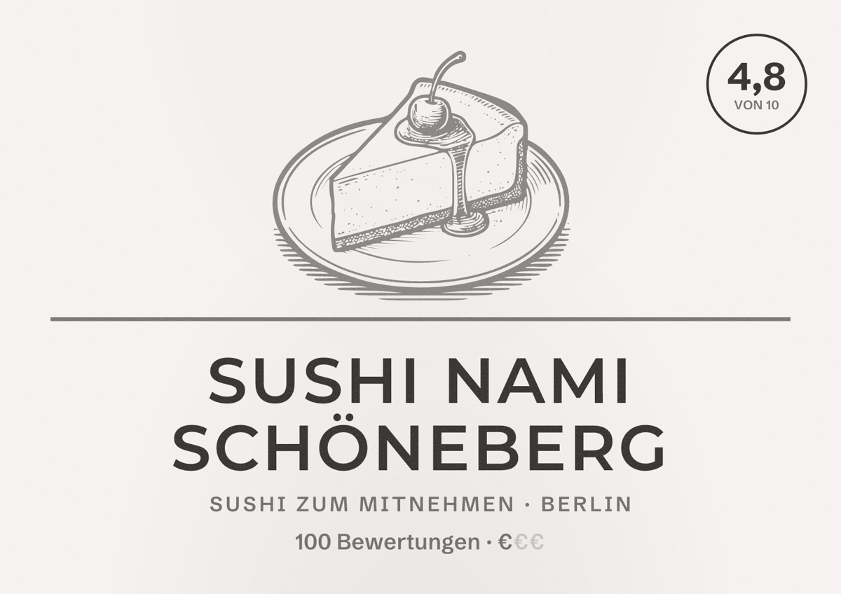 Illustriertes Poster von Sushi Nami Schöneberg, Sushi zum Mitnehmen in Berlin: Bewertung 4,8 von 10 aus 100 Bewertungen, Preisniveau €