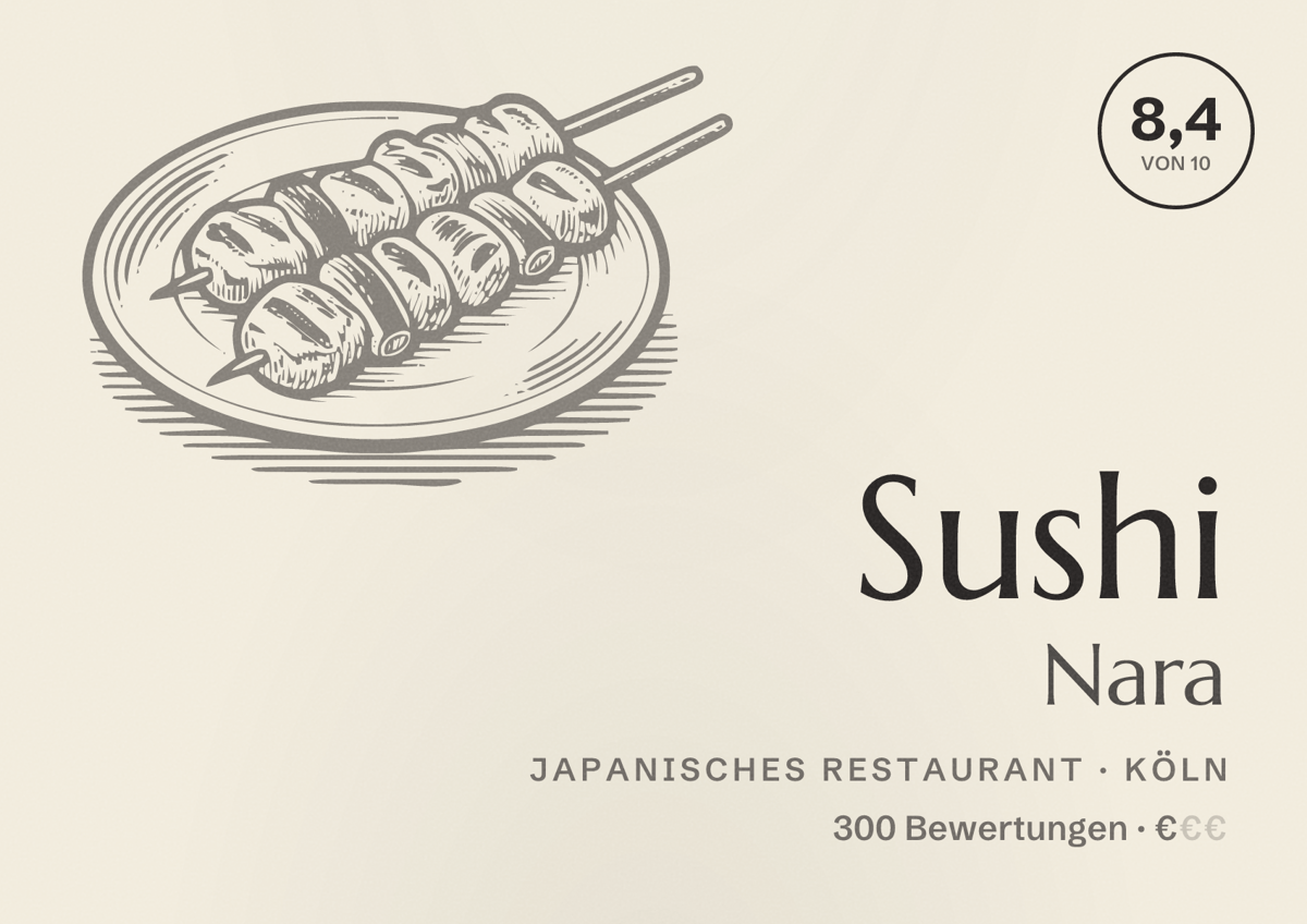 Illustriertes Poster von Sushi Nara, Japanisches Restaurant in Köln: Bewertung 8,4 von 10 aus 300 Bewertungen, Preisniveau €