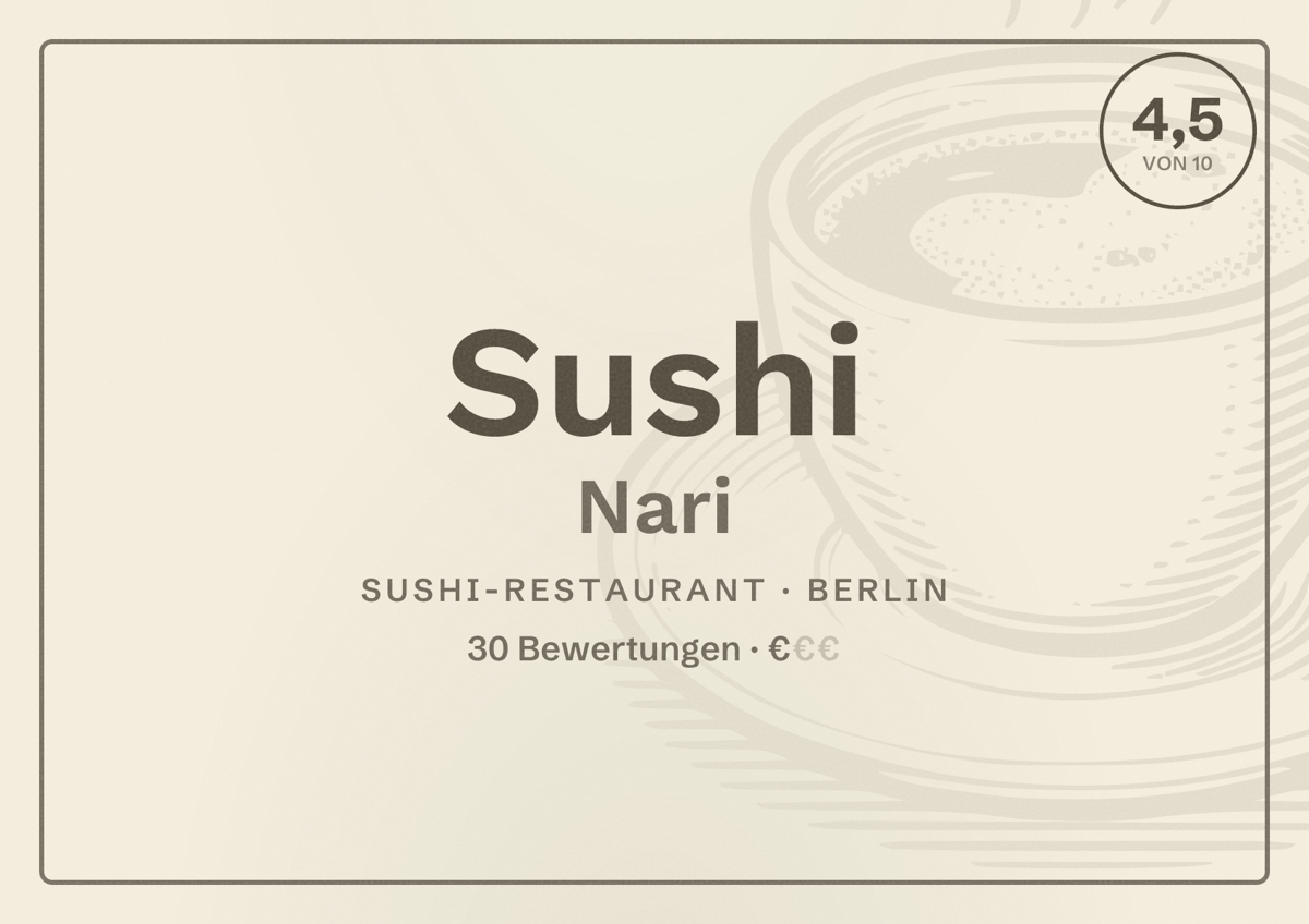 Illustriertes Poster von Sushi Nari, Sushi-Restaurant in Berlin: Bewertung 4,5 von 10 aus 30 Bewertungen, Preisniveau €