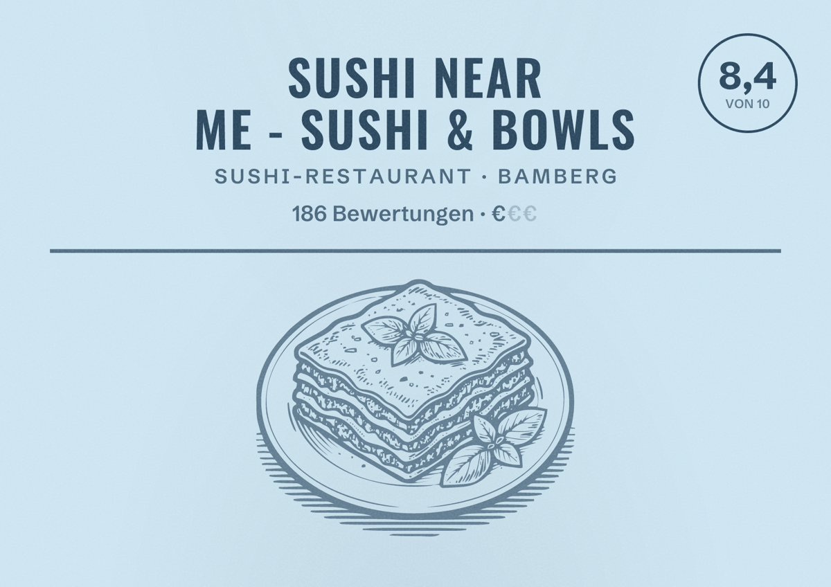 Illustriertes Poster von Sushi Near Me - Sushi & Bowls, Sushi-Restaurant in Bamberg: Bewertung 8,4 von 10 aus 186 Bewertungen, Preisniveau €