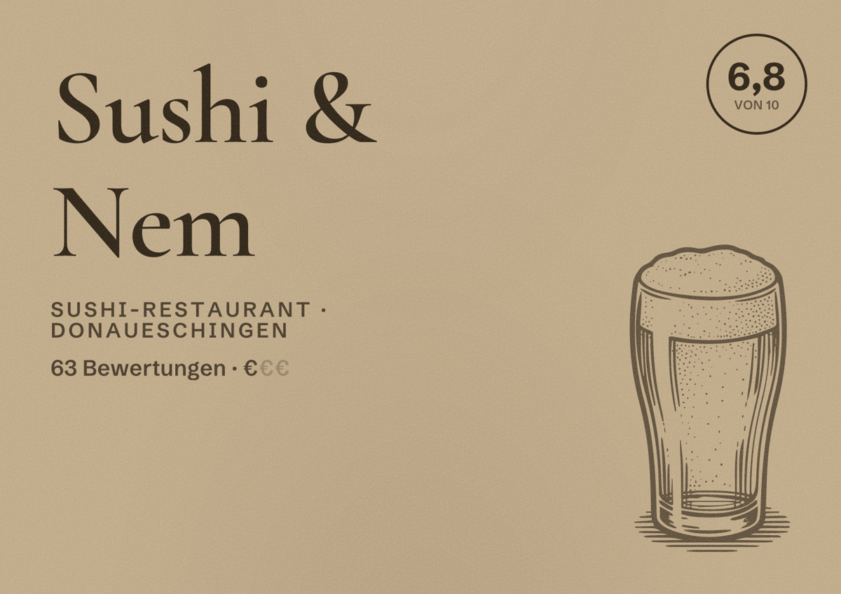 Illustriertes Poster von Sushi & Nem, Sushi-Restaurant in Donaueschingen: Bewertung 6,8 von 10 aus 63 Bewertungen, Preisniveau €