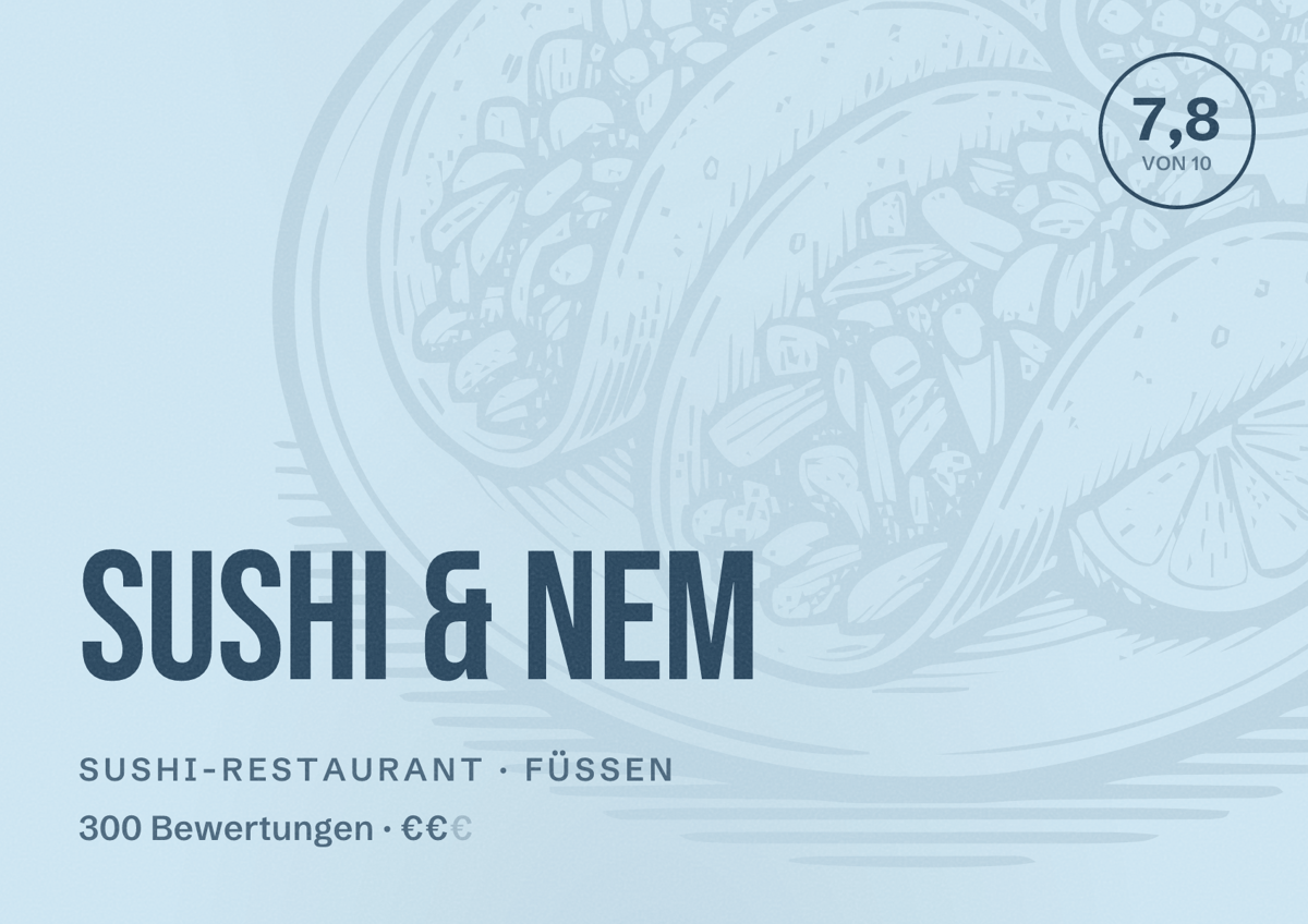 Illustriertes Poster von Sushi & Nem, Sushi-Restaurant in Füssen: Bewertung 7,8 von 10 aus 300 Bewertungen, Preisniveau €€