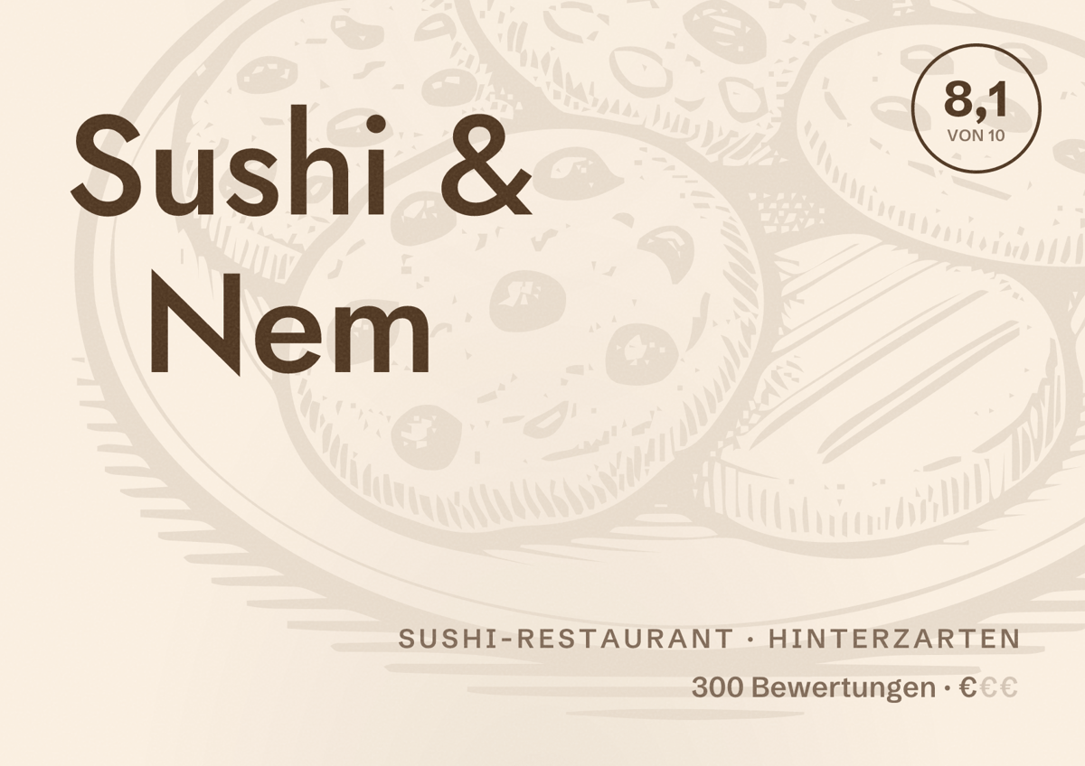 Illustriertes Poster von Sushi & Nem, Sushi-Restaurant in Hinterzarten: Bewertung 8,1 von 10 aus 300 Bewertungen, Preisniveau €