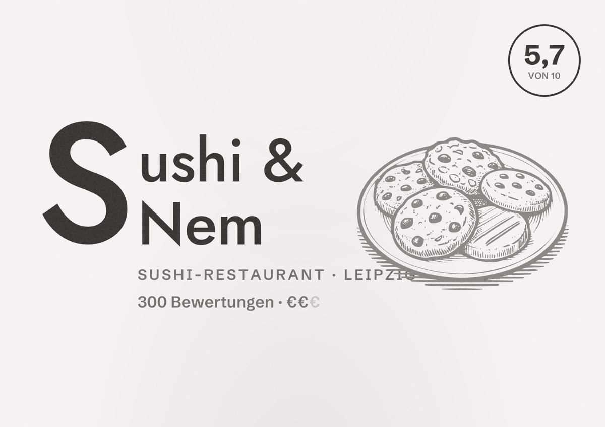 Illustriertes Poster von Sushi & Nem, Sushi-Restaurant in Leipzig: Bewertung 5,7 von 10 aus 300 Bewertungen, Preisniveau €€