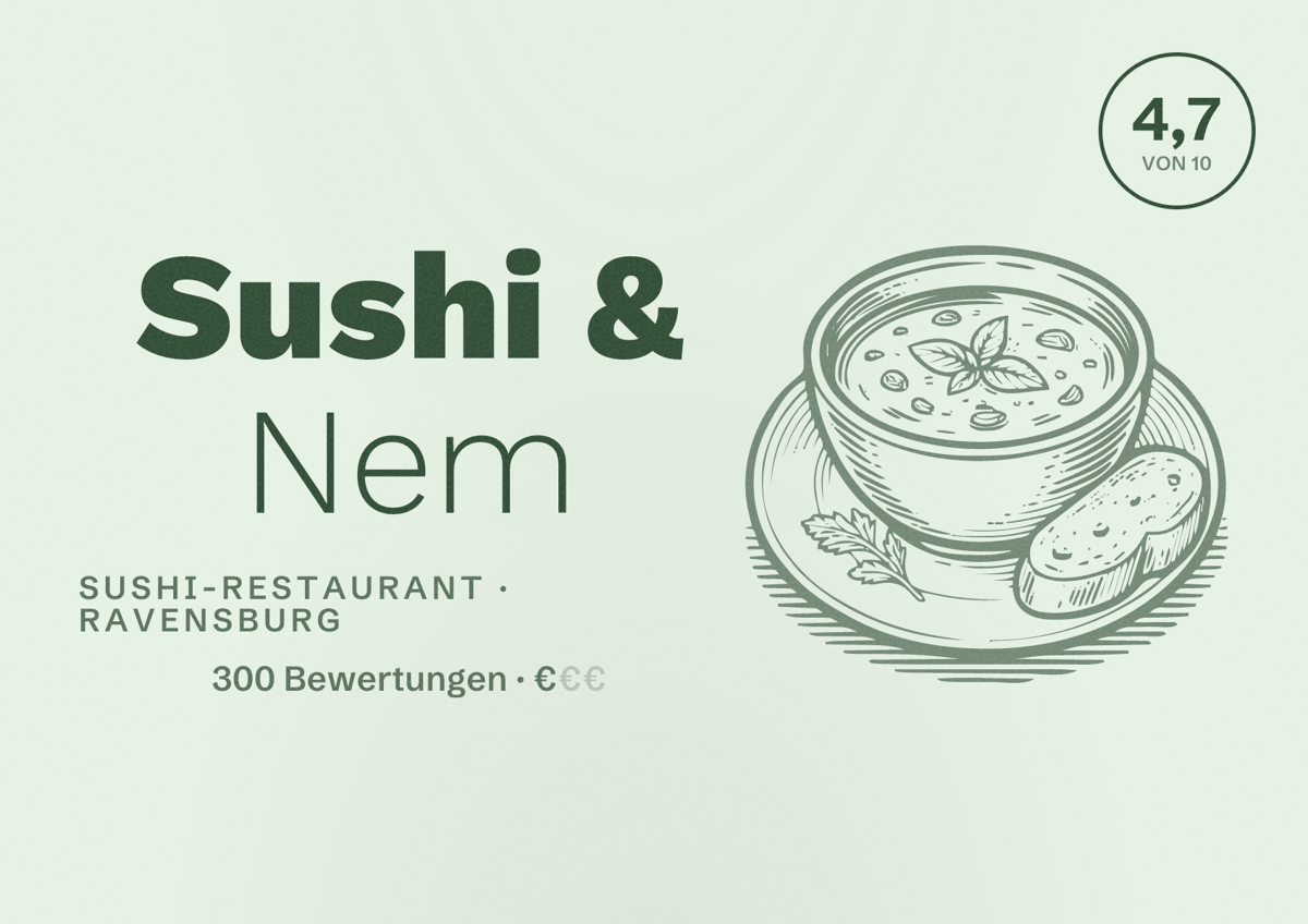 Illustriertes Poster von Sushi & Nem, Sushi-Restaurant in Ravensburg: Bewertung 4,7 von 10 aus 300 Bewertungen, Preisniveau €