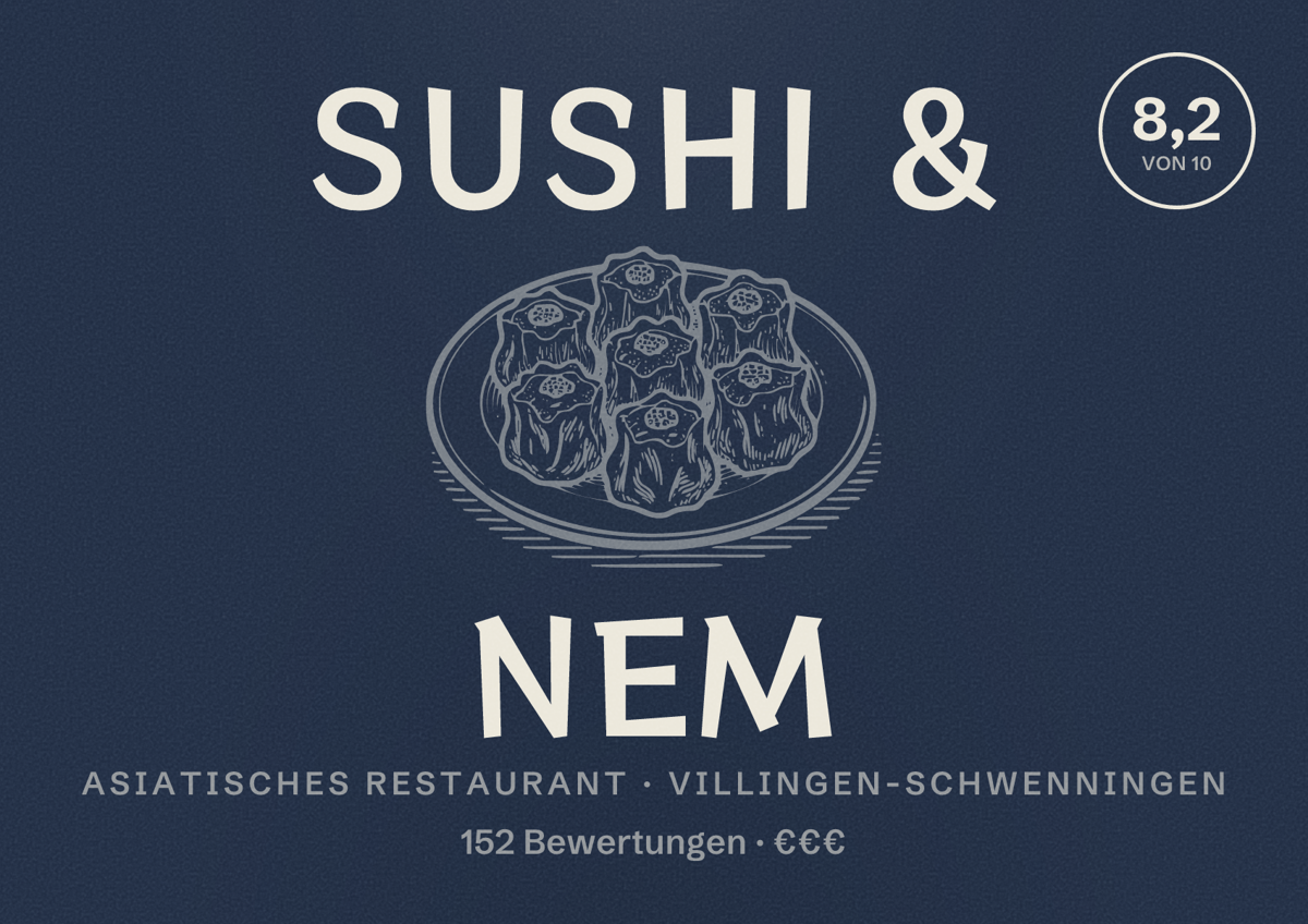 Illustriertes Poster von Sushi & Nem, Asiatisches Restaurant in Villingen-Schwenningen: Bewertung 8,2 von 10 aus 152 Bewertungen, Preisniveau €€€