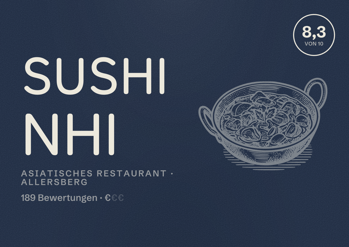 Illustriertes Poster von Sushi Nhi, Asiatisches Restaurant in Allersberg: Bewertung 8,3 von 10 aus 189 Bewertungen, Preisniveau €