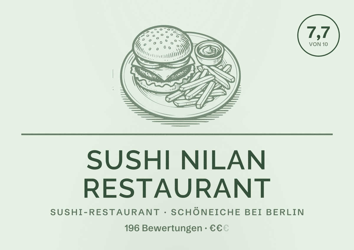Illustriertes Poster von Sushi Nilan Restaurant, Sushi-Restaurant in Schöneiche bei Berlin: Bewertung 7,7 von 10 aus 196 Bewertungen, Preisniveau €€
