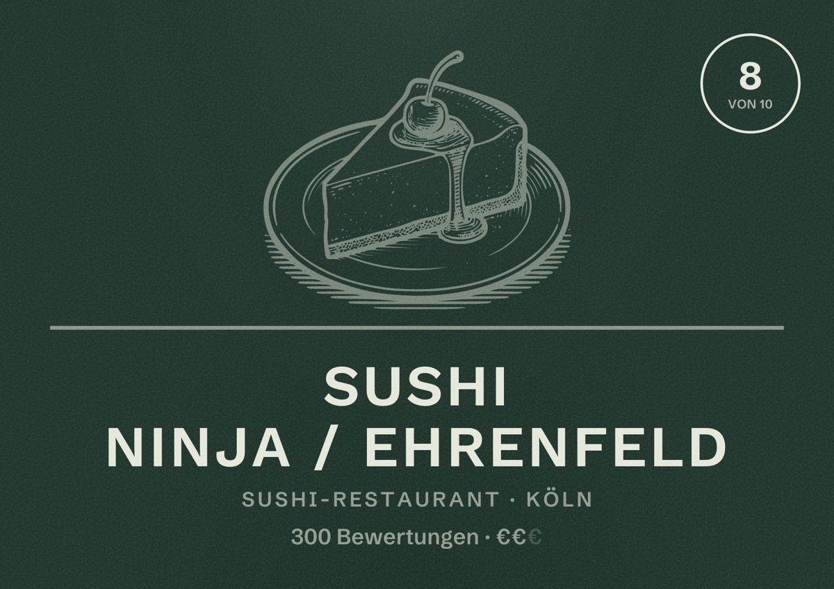 Illustriertes Poster von Sushi Ninja / Ehrenfeld, Sushi-Restaurant in Köln: Bewertung 8,0 von 10 aus 300 Bewertungen, Preisniveau €€