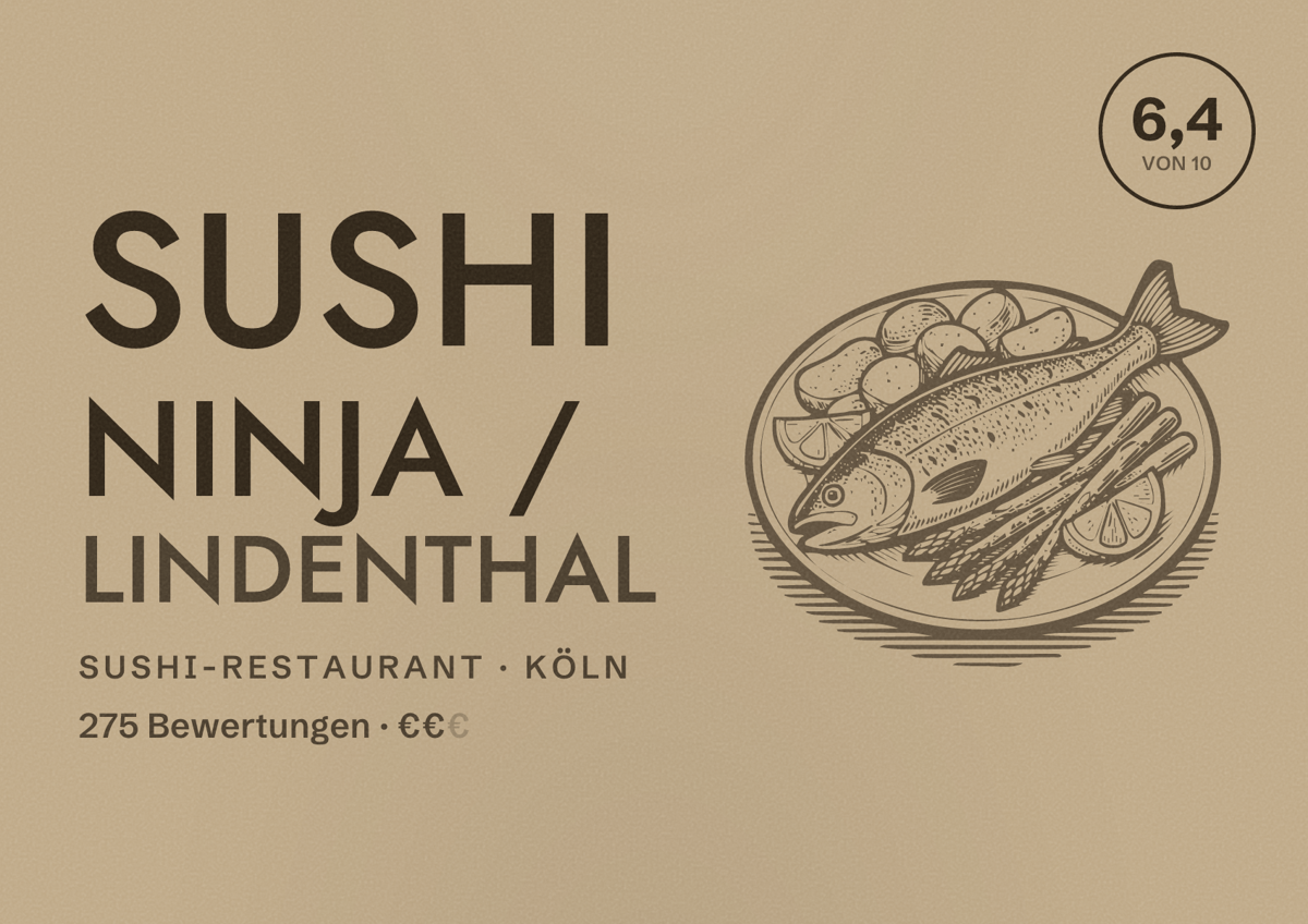Illustriertes Poster von Sushi Ninja / Lindenthal, Sushi-Restaurant in Köln: Bewertung 6,4 von 10 aus 275 Bewertungen, Preisniveau €€