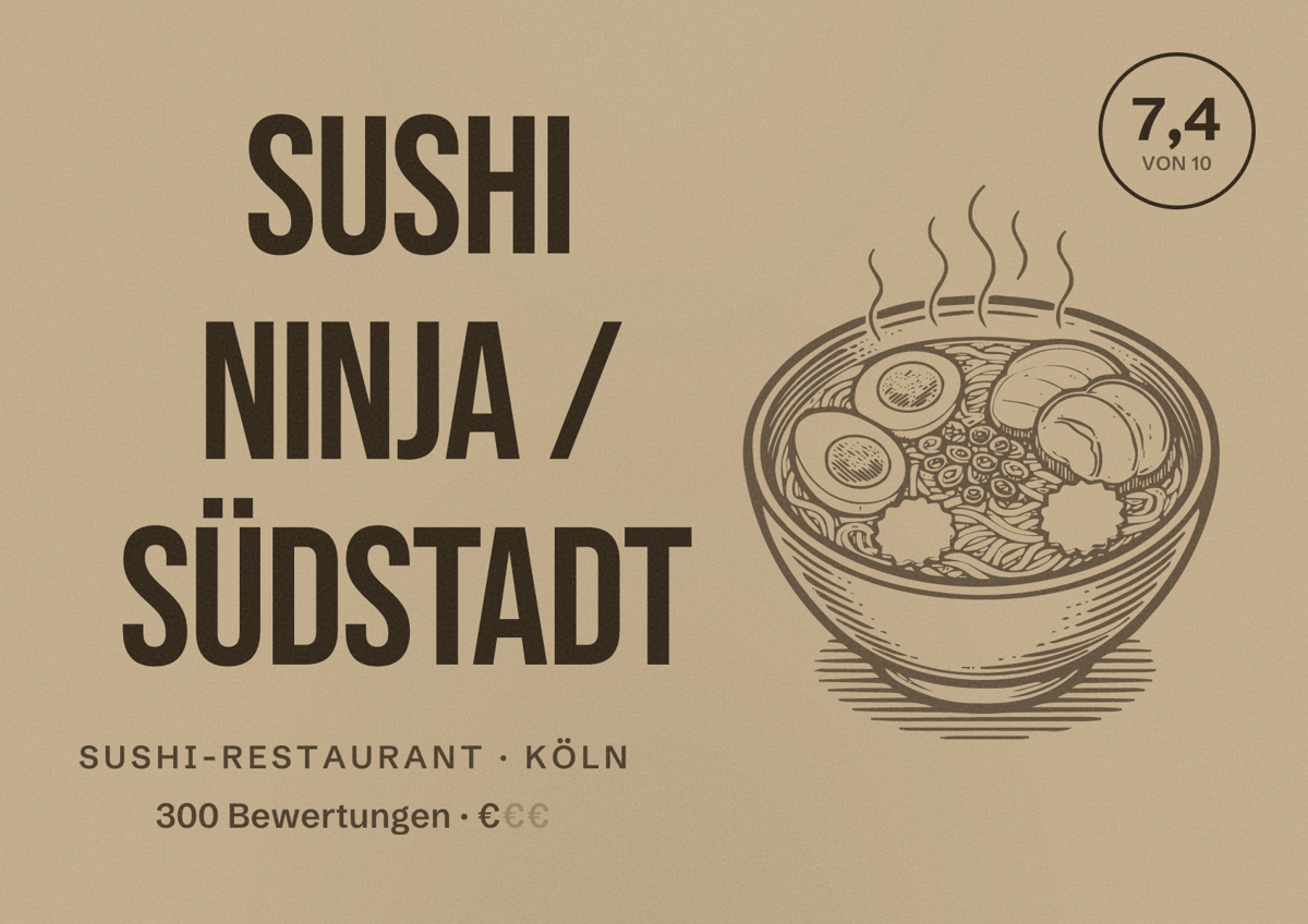 Illustriertes Poster von Sushi Ninja / Südstadt, Sushi-Restaurant in Köln: Bewertung 7,4 von 10 aus 300 Bewertungen, Preisniveau €
