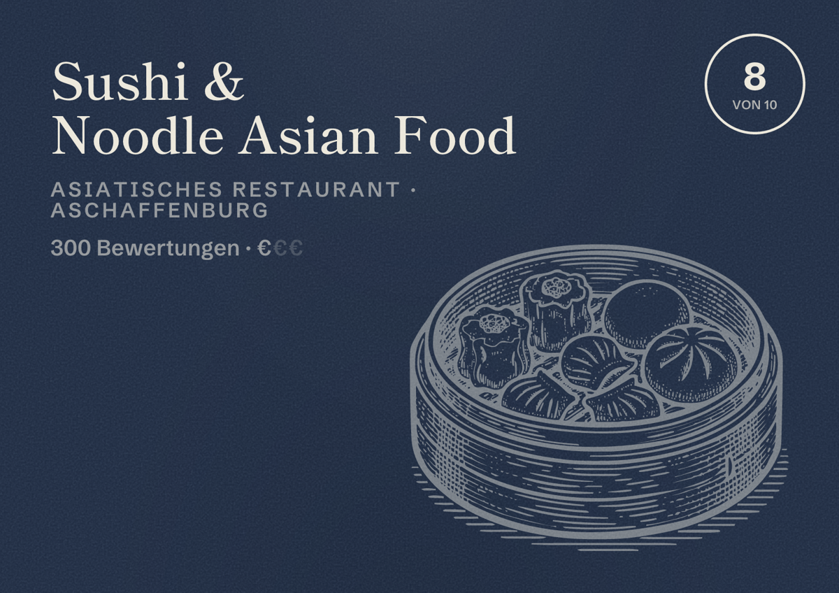 Illustriertes Poster von Sushi & Noodle Asian Food, Asiatisches Restaurant in Aschaffenburg: Bewertung 8 von 10 aus 300 Bewertungen, Preisniveau €