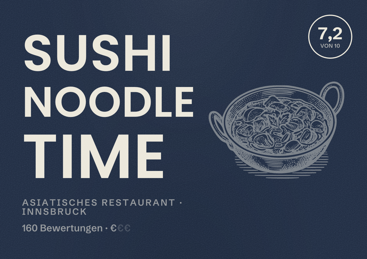 Illustriertes Poster von Sushi Noodle Time, Asiatisches Restaurant in Innsbruck: Bewertung 7,2 von 10 aus 160 Bewertungen, Preisniveau €