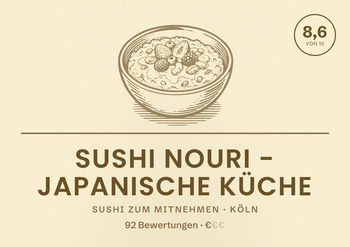 Illustriertes Poster von Sushi Nouri - Japanische Küche, Sushi zum Mitnehmen in Köln: Bewertung 8,6 von 10 aus 92 Bewertungen, Preisniveau €