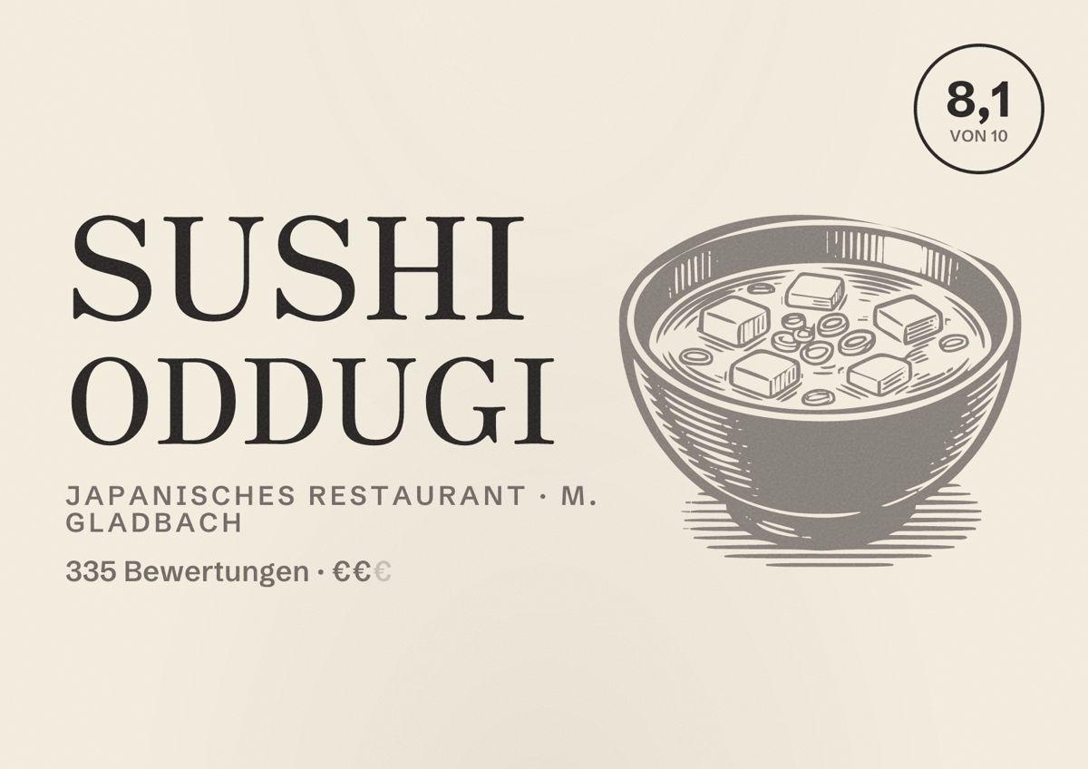 Illustriertes Poster von Sushi Oddugi, Japanisches Restaurant in M. Gladbach: Bewertung 8,1 von 10 aus 335 Bewertungen, Preisniveau €€