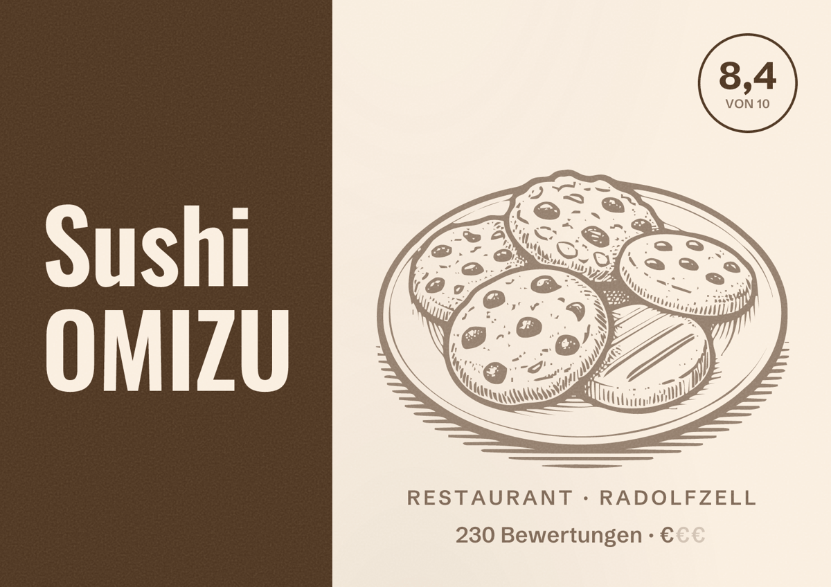 Illustriertes Poster von Sushi OMIZU, Restaurant in Radolfzell: Bewertung 8,4 von 10 aus 230 Bewertungen, Preisniveau €