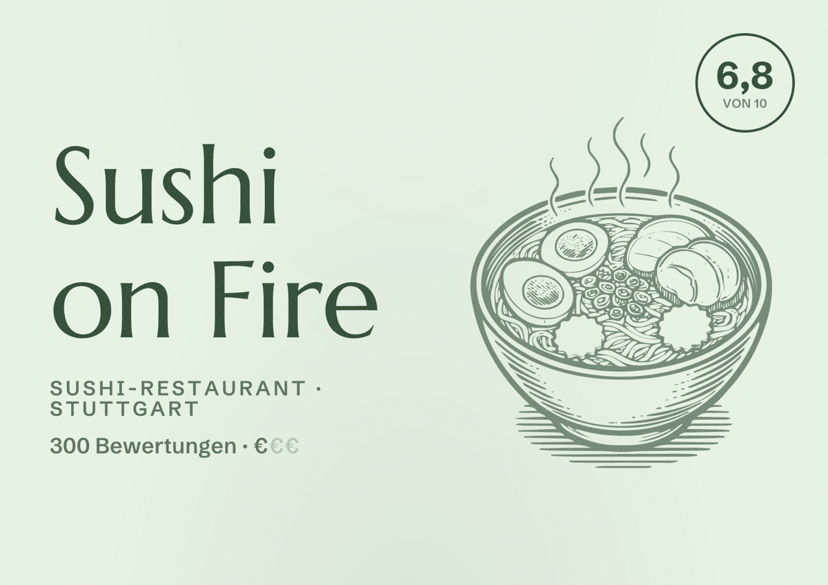 Illustriertes Poster von Sushi on Fire, Sushi-Restaurant in Stuttgart: Bewertung 6,8 von 10 aus 300 Bewertungen, Preisniveau €