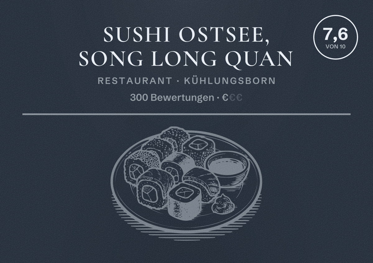 Illustriertes Poster von Sushi Ostsee, Song Long Quan, Restaurant in Kühlungsborn: Bewertung 7,6 von 10 aus 300 Bewertungen, Preisniveau €