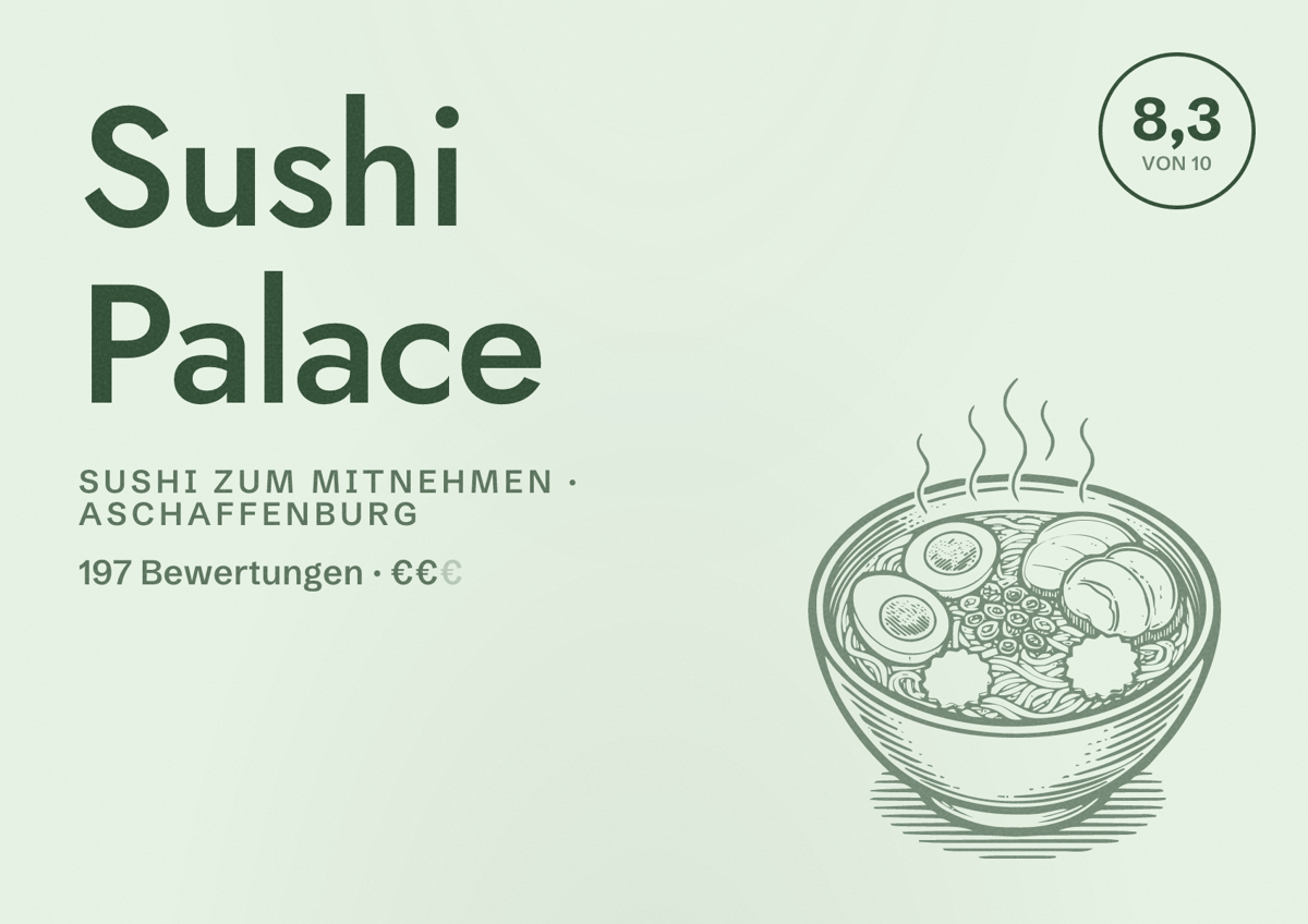 Illustriertes Poster von Sushi Palace, Sushi zum Mitnehmen in Aschaffenburg: Bewertung 8,3 von 10 aus 197 Bewertungen, Preisniveau €€