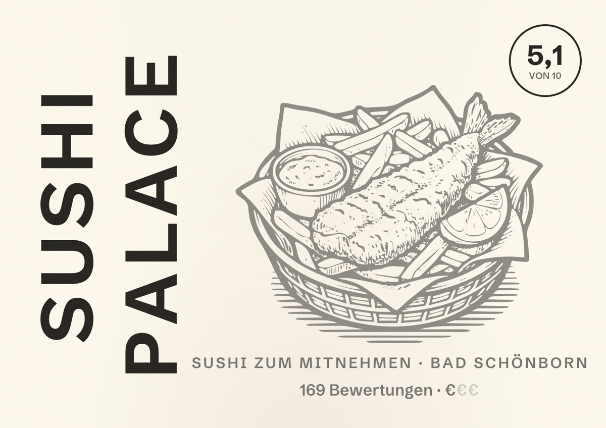 Illustriertes Poster von Sushi Palace, Sushi zum Mitnehmen in Bad Schönborn: Bewertung 5,1 von 10 aus 169 Bewertungen, Preisniveau €