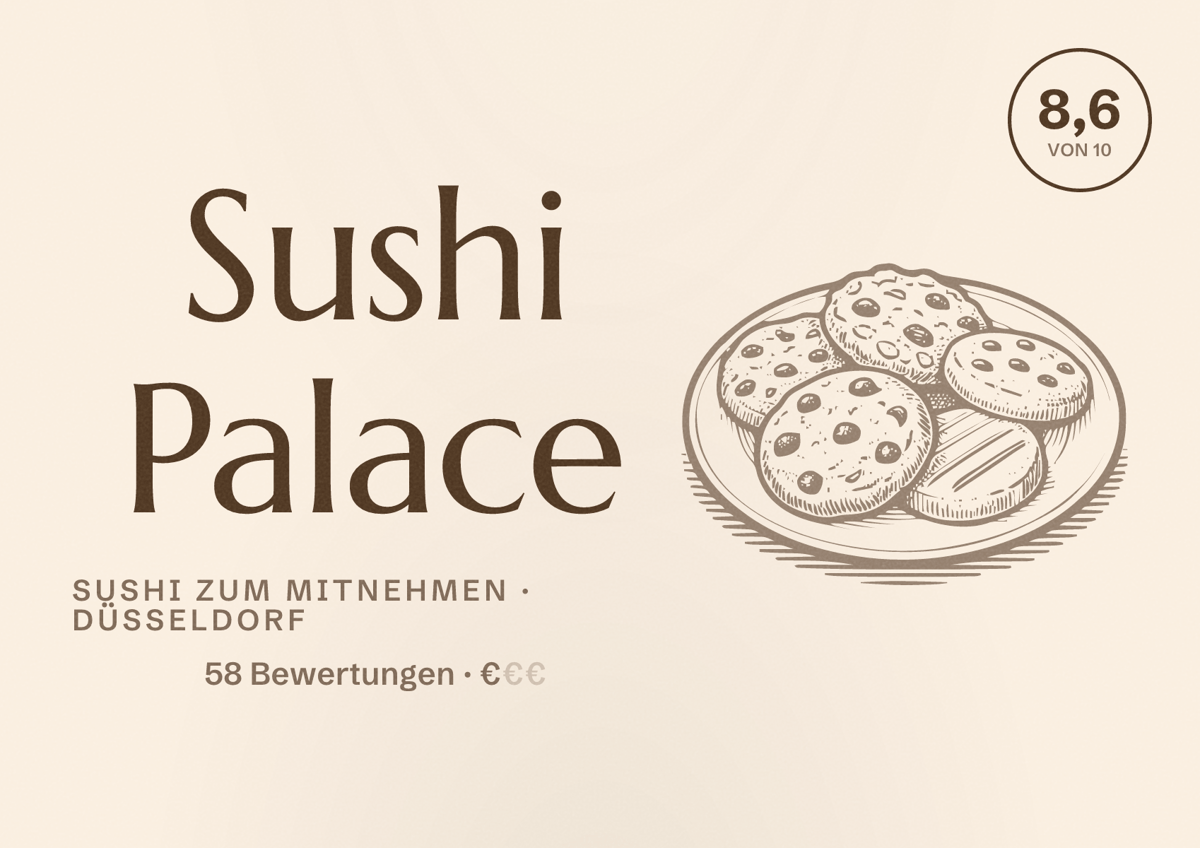 Illustriertes Poster von Sushi Palace, Sushi zum Mitnehmen in Düsseldorf: Bewertung 8,6 von 10 aus 58 Bewertungen, Preisniveau €