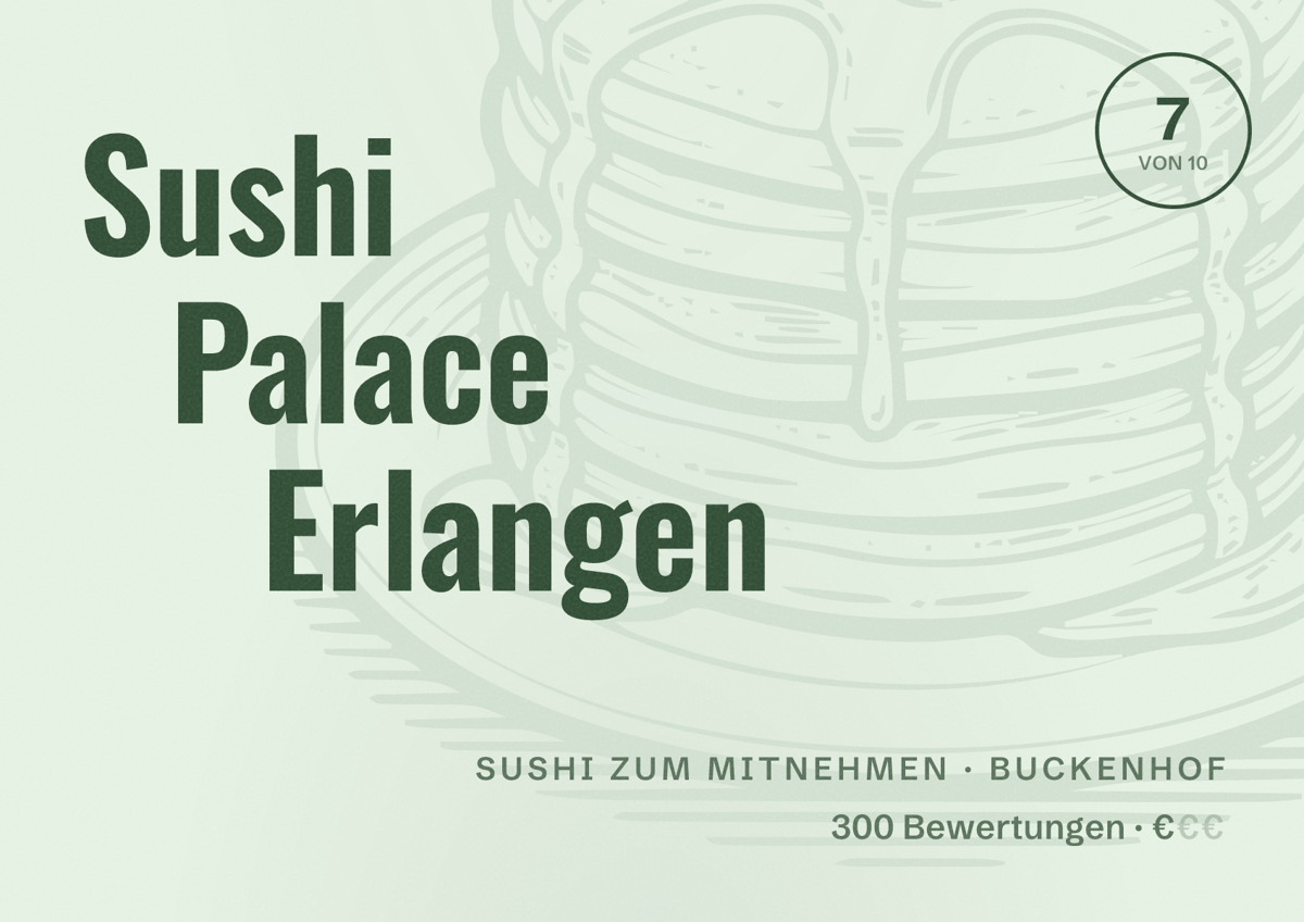Illustriertes Poster von Sushi Palace Erlangen, Sushi zum Mitnehmen in Buckenhof: Bewertung 7 von 10 aus 300 Bewertungen, Preisniveau €