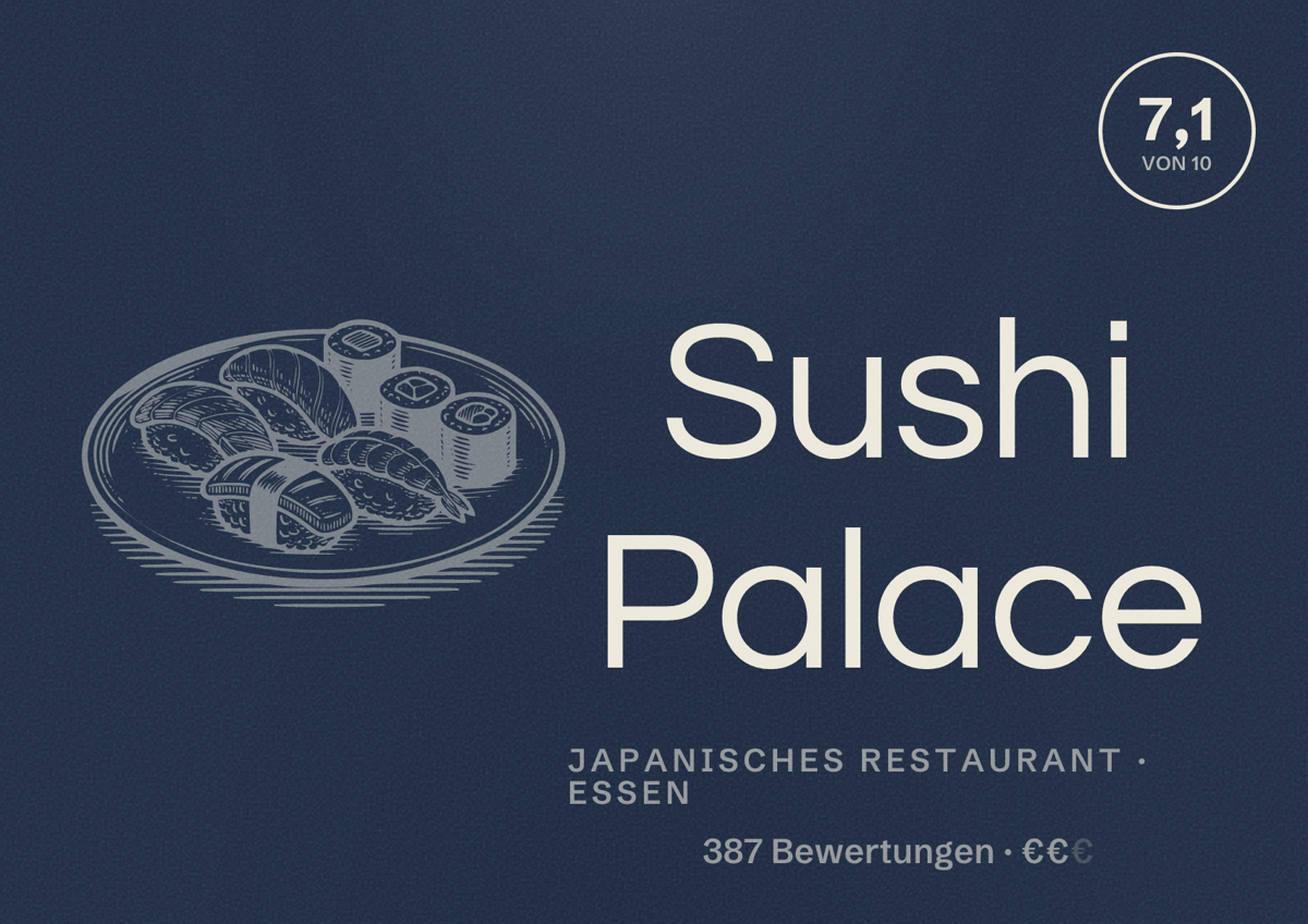 Illustriertes Poster von Sushi Palace, Japanisches Restaurant in Essen: Bewertung 7,1 von 10 aus 387 Bewertungen, Preisniveau €€