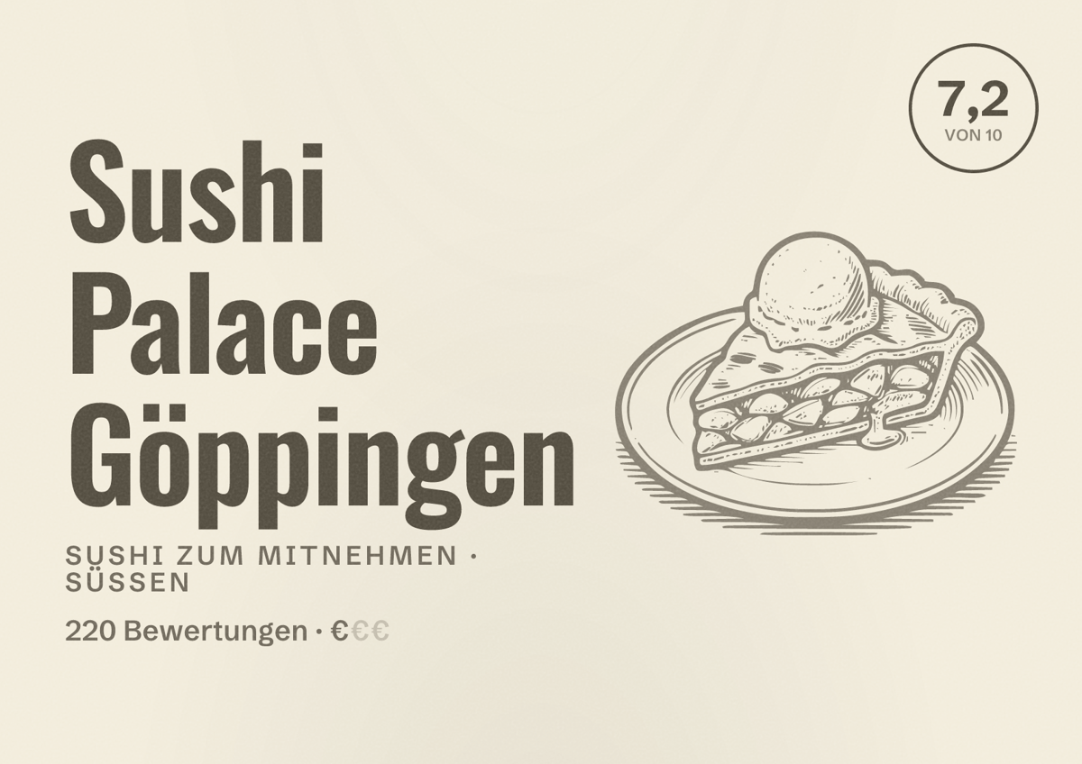 Illustriertes Poster von Sushi Palace Göppingen, Sushi zum Mitnehmen in Süßen: Bewertung 7,2 von 10 aus 220 Bewertungen, Preisniveau €