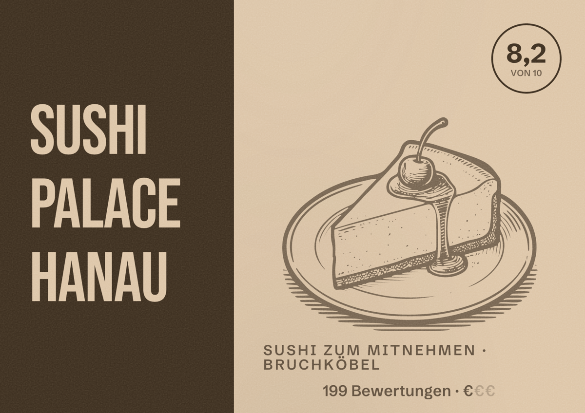 Illustriertes Poster von Sushi Palace Hanau, Sushi zum Mitnehmen in Bruchköbel: Bewertung 8,2 von 10 aus 199 Bewertungen, Preisniveau €