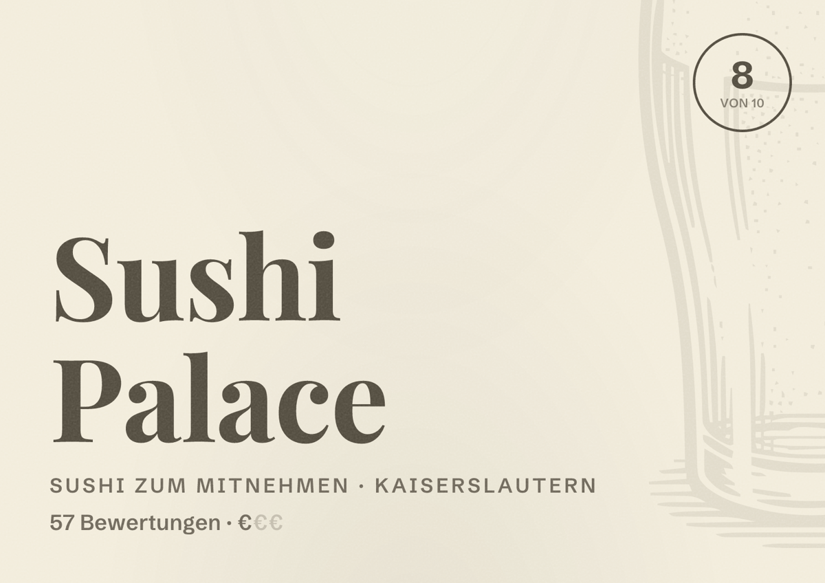 Illustriertes Poster von Sushi Palace, Sushi zum Mitnehmen in Kaiserslautern: Bewertung 8 von 10 aus 57 Bewertungen, Preisniveau €