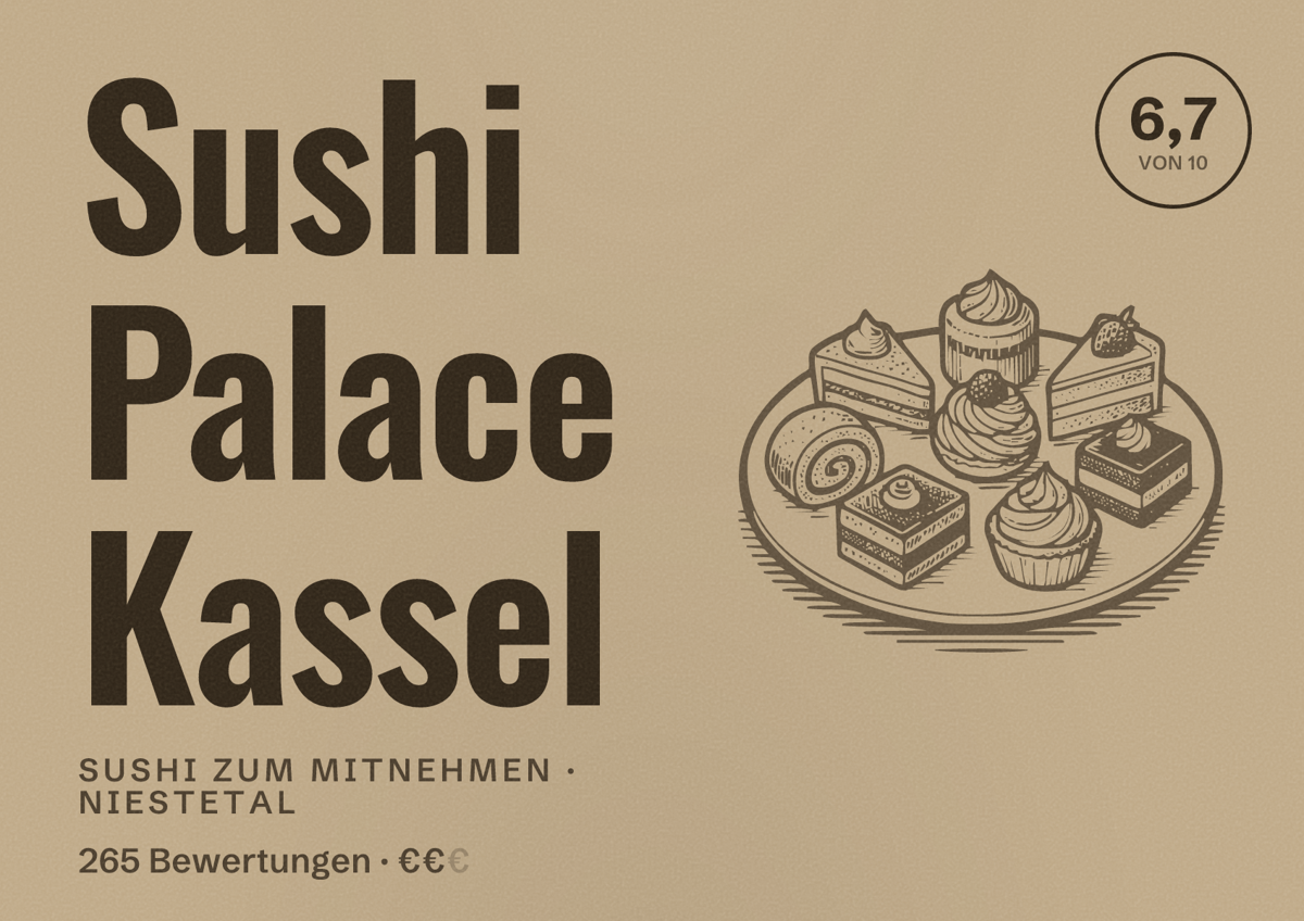 Illustriertes Poster von Sushi Palace Kassel, Sushi zum Mitnehmen in Niestetal: Bewertung 6,7 von 10 aus 265 Bewertungen, Preisniveau €€