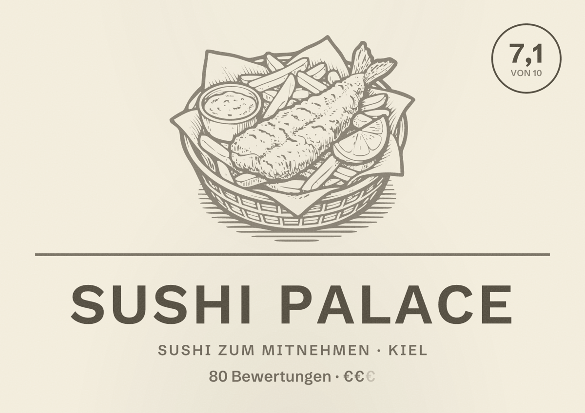 Illustriertes Poster von Sushi Palace, Sushi zum Mitnehmen in Kiel: Bewertung 7,1 von 10 aus 80 Bewertungen, Preisniveau €€