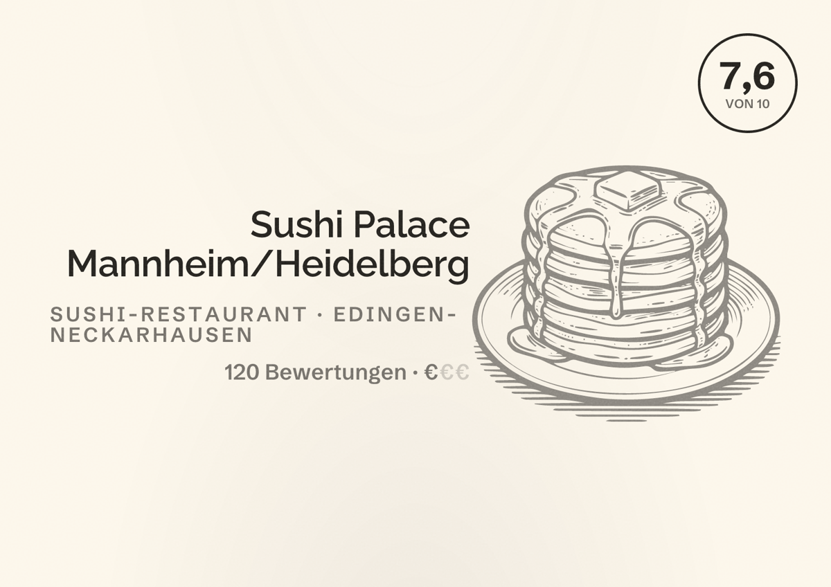 Illustriertes Poster von Sushi Palace Mannheim/Heidelberg, Sushi-Restaurant in Edingen-Neckarhausen: Bewertung 7,6 von 10 aus 120 Bewertungen, Preisniveau €