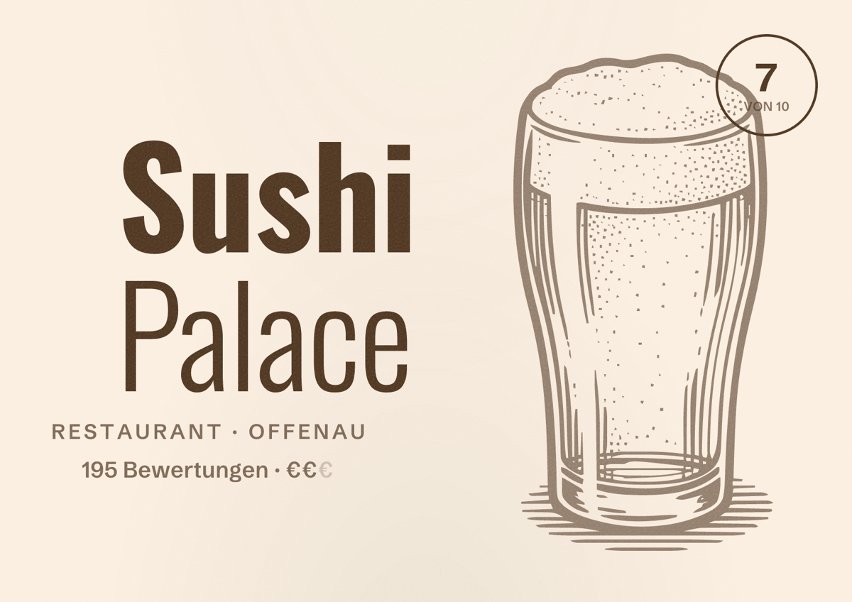 Illustriertes Poster von Sushi Palace, Restaurant in Offenau: Bewertung 7 von 10 aus 195 Bewertungen, Preisniveau €€