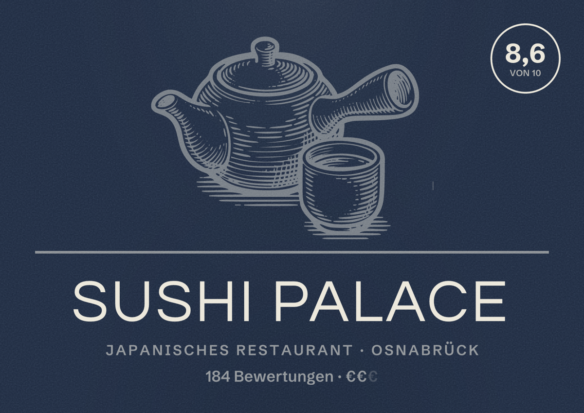 Illustriertes Poster von Sushi Palace, Japanisches Restaurant in Osnabrück: Gästebewertung 8,6 von 10 aus 184 Bewertungen