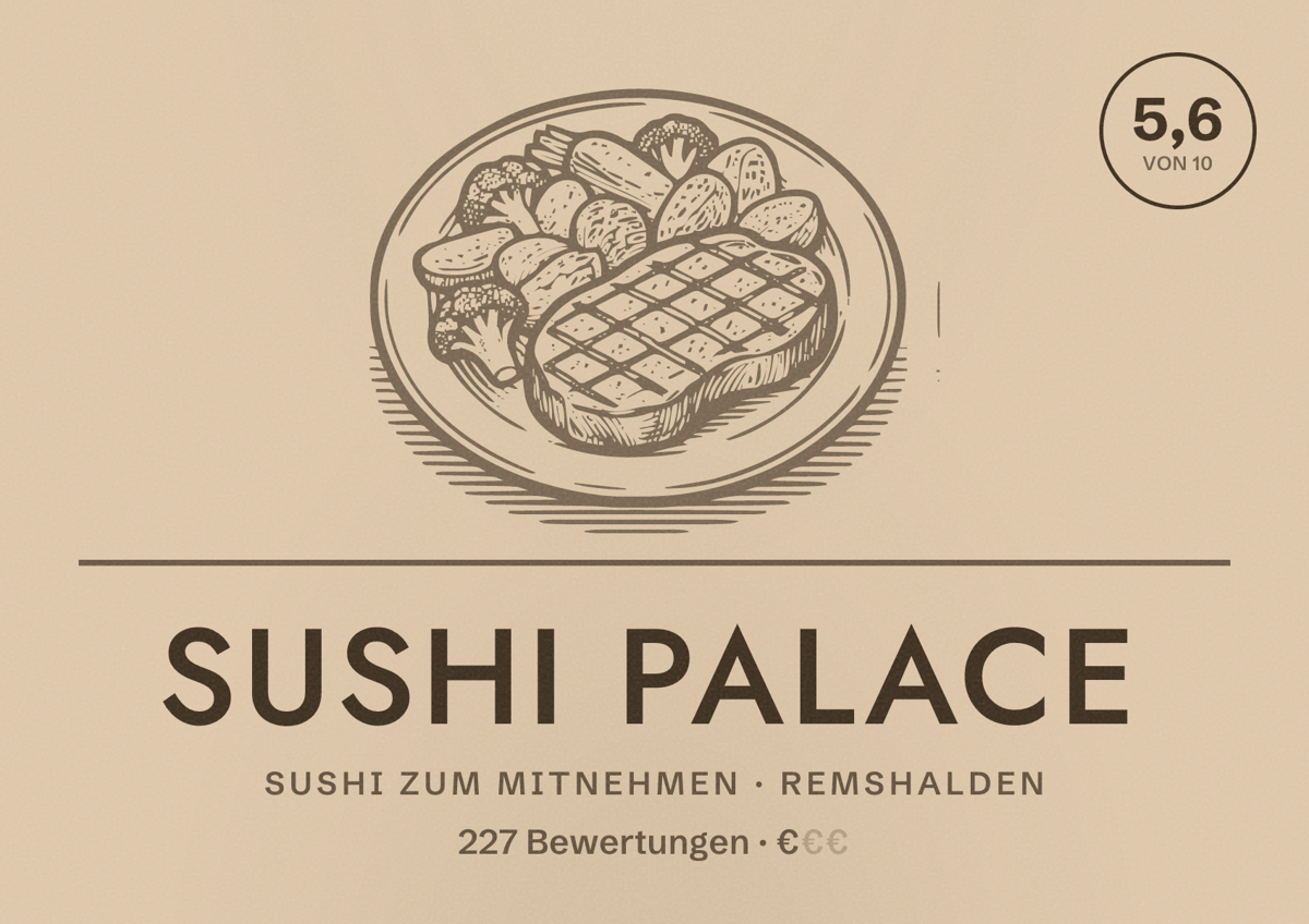 Illustriertes Poster von Sushi Palace, Sushi zum Mitnehmen in Remshalden: Bewertung 5,6 von 10 aus 227 Bewertungen, Preisniveau €