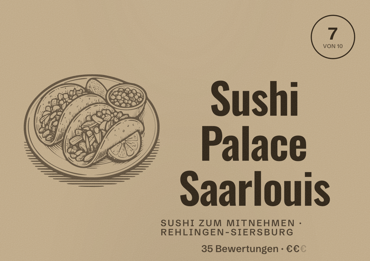 Illustriertes Poster von Sushi Palace Saarlouis, Sushi zum Mitnehmen in Rehlingen-Siersburg: Bewertung 7 von 10 aus 35 Bewertungen, Preisniveau €€