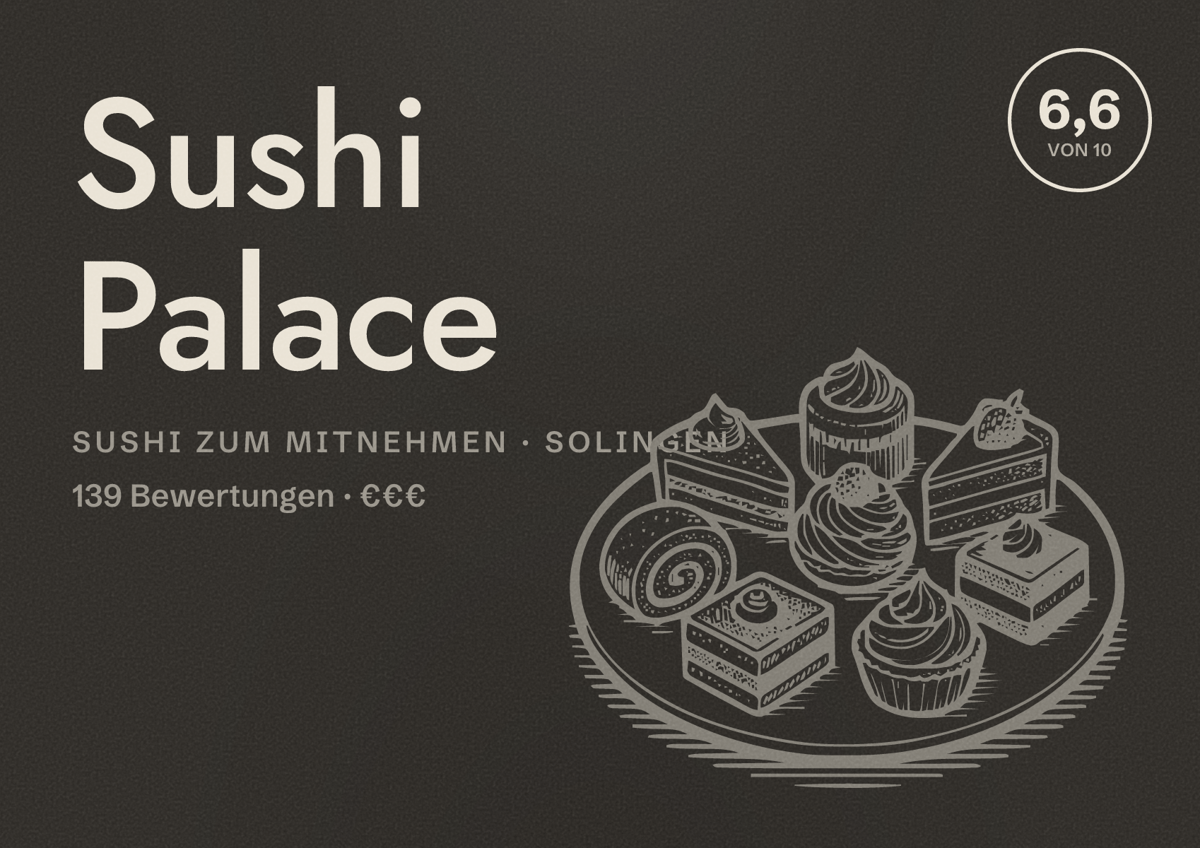 Illustriertes Poster von Sushi Palace, Sushi zum Mitnehmen in Solingen: Bewertung 6,6 von 10 aus 139 Bewertungen, Preisniveau €€€
