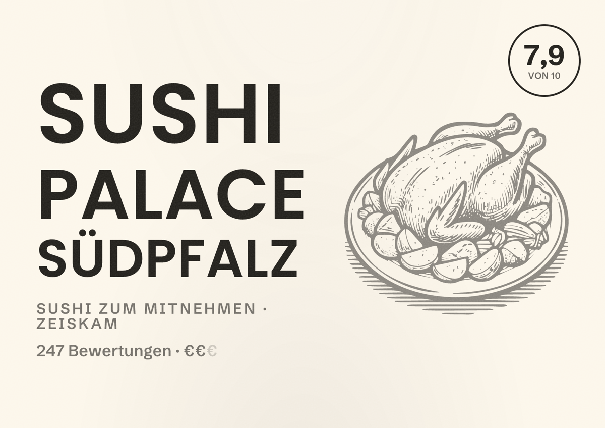 Illustriertes Poster von Sushi Palace Südpfalz, Sushi zum Mitnehmen in Zeiskam: Bewertung 7,9 von 10 aus 247 Bewertungen, Preisniveau €€