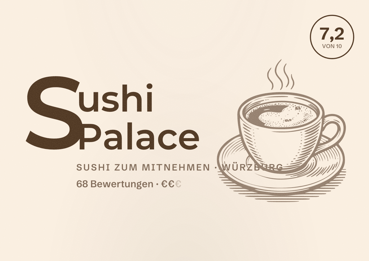 Illustriertes Poster von Sushi Palace, Sushi zum Mitnehmen in Würzburg: Bewertung 7,2 von 10 aus 68 Bewertungen, Preisniveau €€