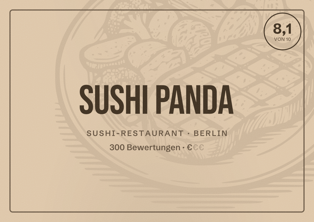 Illustriertes Poster von Sushi Panda, Sushi-Restaurant in Berlin: Bewertung 8,1 von 10 aus 300 Bewertungen, Preisniveau €