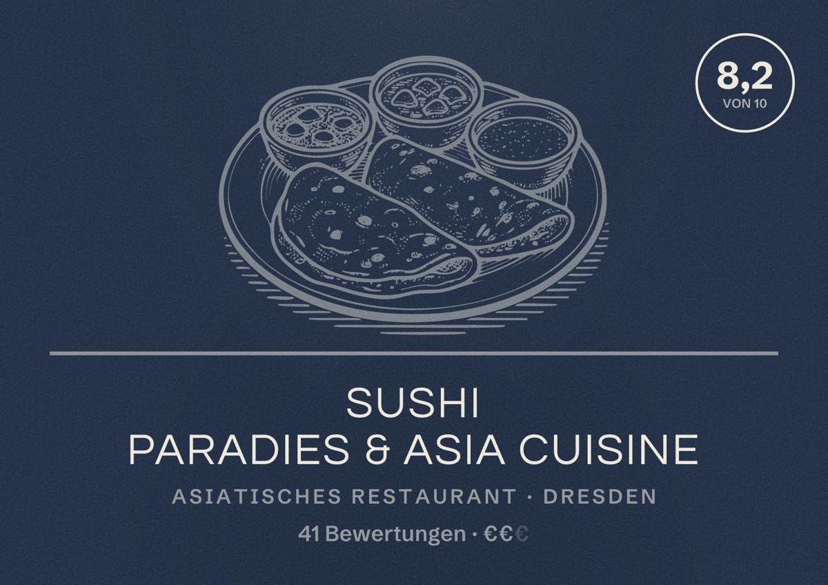 Illustriertes Poster von Sushi Paradies & Asia Cuisine, Asiatisches Restaurant in Dresden: Bewertung 8,2 von 10 aus 41 Bewertungen, Preisniveau €€