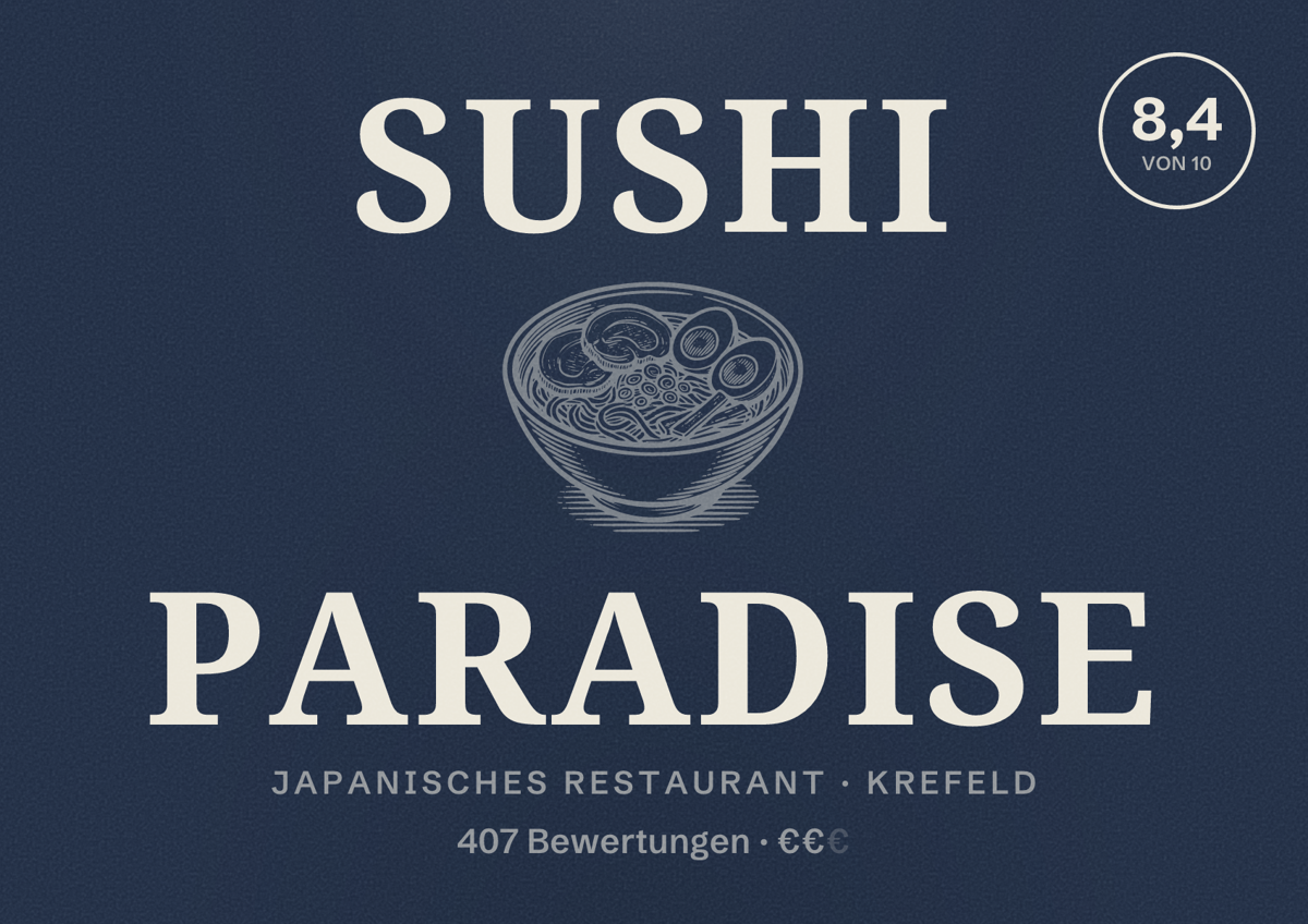 Illustriertes Poster von Sushi Paradise, Japanisches Restaurant in Krefeld: Bewertung 8,4 von 10 aus 407 Bewertungen, Preisniveau €€