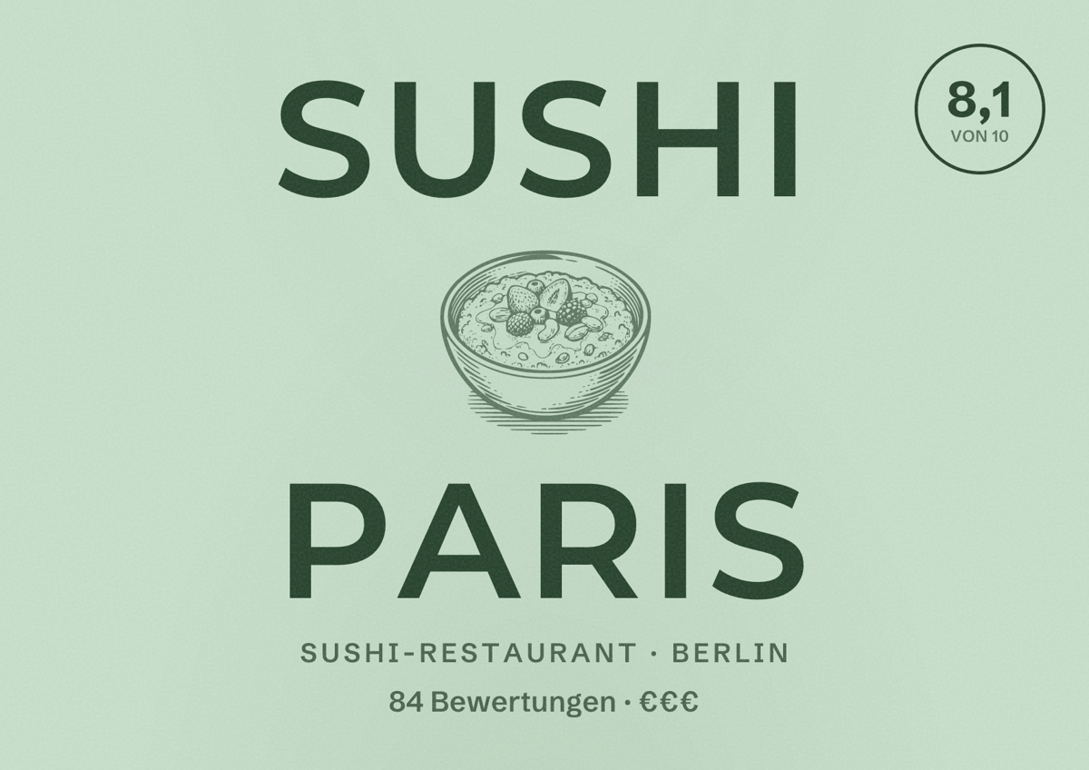 Illustriertes Poster von Sushi Paris, Sushi-Restaurant in Berlin: Bewertung 8,1 von 10 aus 84 Bewertungen, Preisniveau €€€