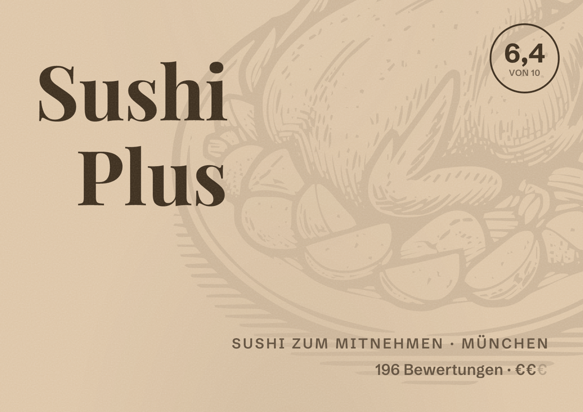 Illustriertes Poster von Sushi Plus, Sushi zum Mitnehmen in München: Bewertung 6,4 von 10 aus 196 Bewertungen, Preisniveau €€