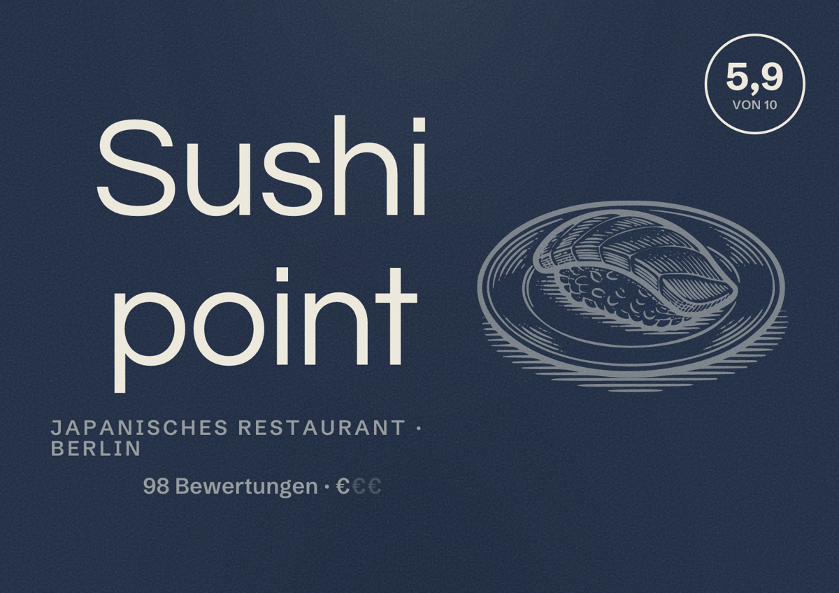 Illustriertes Poster von Sushi point, Japanisches Restaurant in Berlin: Bewertung 5,9 von 10 aus 98 Bewertungen, Preisniveau €