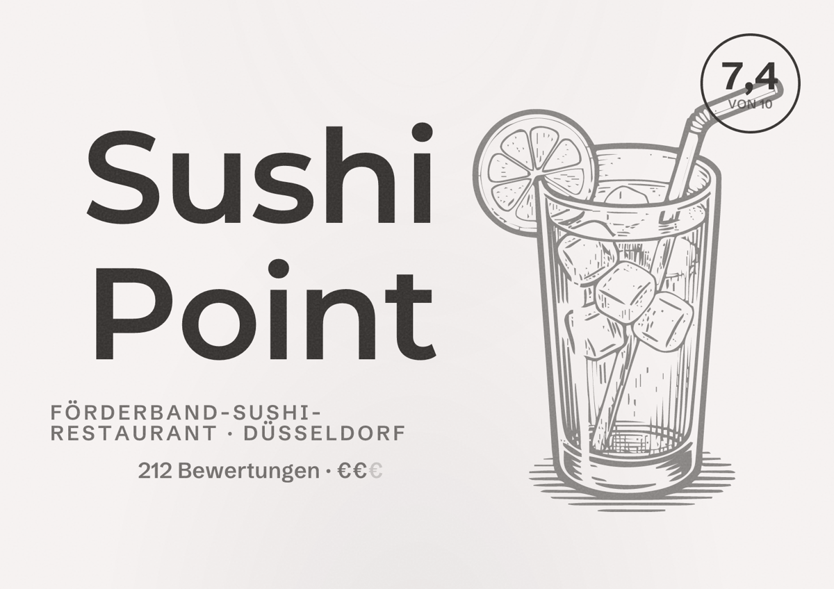 Illustriertes Poster von Sushi Point, Förderband-Sushi-Restaurant in Düsseldorf: Bewertung 7,4 von 10 aus 212 Bewertungen, Preisniveau €€