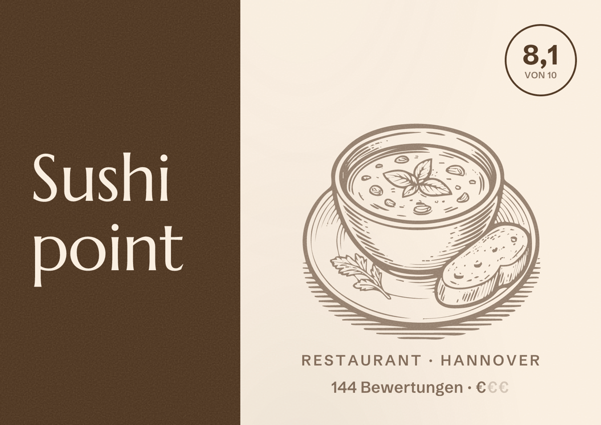 Illustriertes Poster von Sushi point, Restaurant in Hannover: Bewertung 8,1 von 10 aus 144 Bewertungen, Preisniveau €